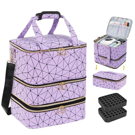 WflamaS 3-Layer Nail Polish Organizer Bag, Holds 84 Bottles and Lamp, Waterproof PU Leather Case with Reinforced Golden Zippers, Portable Nail Tech Travel Bag for Manicure Supplies
