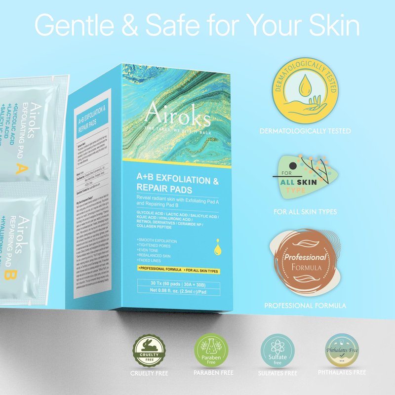 Airoks A+B Exfoliating & Repair Face Pads 30 Tx - 2-Step Acid Peel Serum Treatment with Glycolic, Salicylic, Kojic Acid & Retinol Hyaluronic Peptides for Smooth Skin, Pore Minimizer, Hyperpigmentation