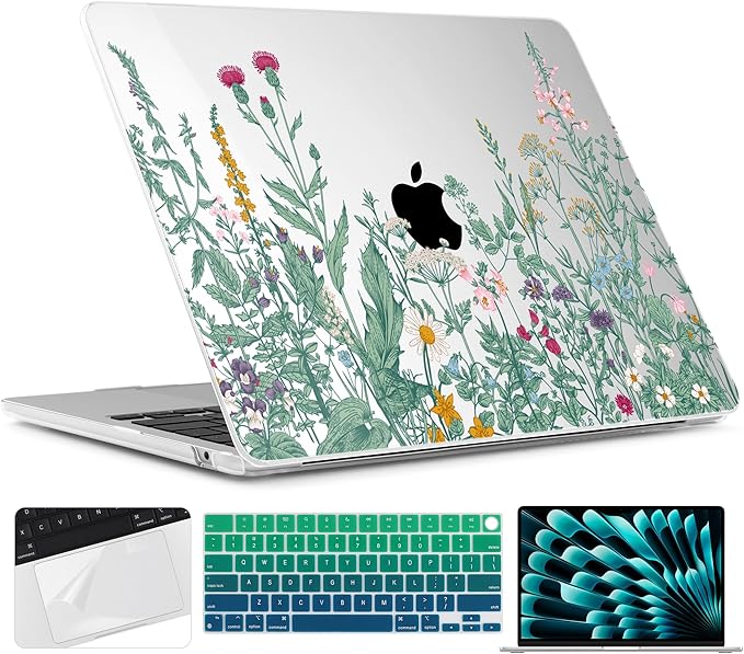 TWOLSKOO for MacBook Air 13 inch Case M5 2026 M4 2025 M3 M2 2024-2022 A3449 A3240 A3113 A2681, Plastic Hard Shell & Keyboard Cover & Screen Film for MacBook Air 13.6 inch Case, Botanical Illustration