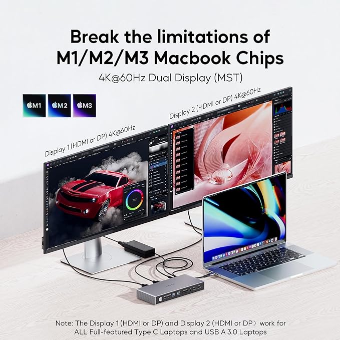 PULWTOP Displaylink Docking Station, USB C Docking Station Dual Displays for MacBook M1/M2/M3/M4 Windows, 4K@60Hz Displaylink Dock with 2 HDMI, 2 Display Port, 2USB C Data, 6 USBA, Ethernet, Audio