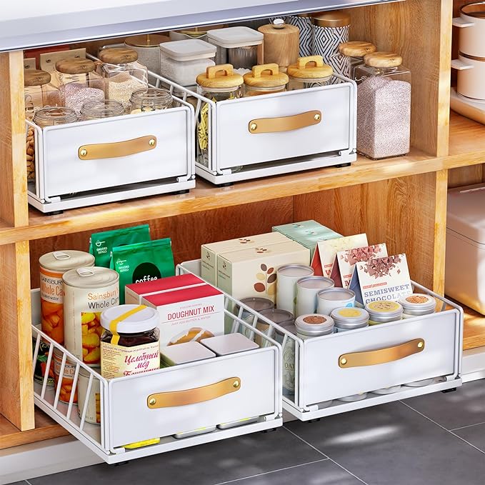 Pull out Cabinet Organizer Fixed with Adhesive Nano Film,Heavy Duty Slide out Pantry Shelves Drawer Storage,Sliding Mesh Cabinet Basket with Handle for Kitchen, Bathroom,Home, 11.8W"X 15.7D"X6.2"H
