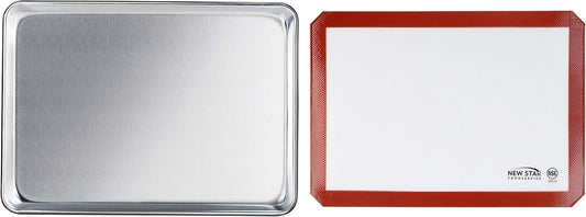 New Star Foodservice 18-Gauge Aluminum Sheet Pan Set - Includes Silicone Baking Mat, 15 x 21 Inch