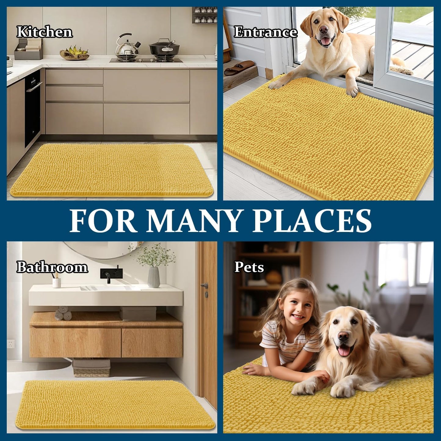 OLANLY Dog Door Mat - Absorbent Non-Slip Chenille for Muddy Paws | 59x35 Inches, Quick Dry, Yellow