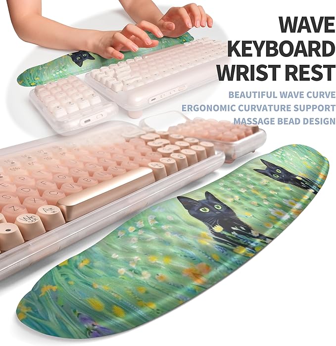 Gleamtide 2-in-1 Ergonomic Set, Wave Keyboard Wrist Rest and Massage Slope Mouse Pad Wrist Support, Rebound Memory Foam for Relieve Carpal Tunnel Syndrome and Wrist Pain (Oil Painting Cats)