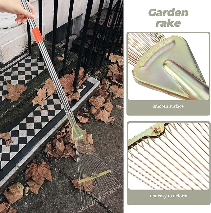 Heavy Duty Garden Leaf Rake 18 Stainless Steel Tines, Telescopic Extendable Handle 80cm for Lawn and Turf Cleaning, Landscape Hand Rake for Yard and Leaf Removal