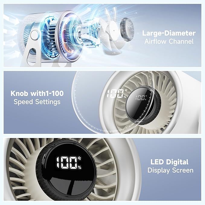 SP Space player Quiet Small Desk Fan with 100 Speeds Knob switch, Digital Display Portable Rechargeable Fan for Office, Bedroom, Kitchen, Home, Outdoor, 135° Tilt Small Travel Camping Table Fan, White
