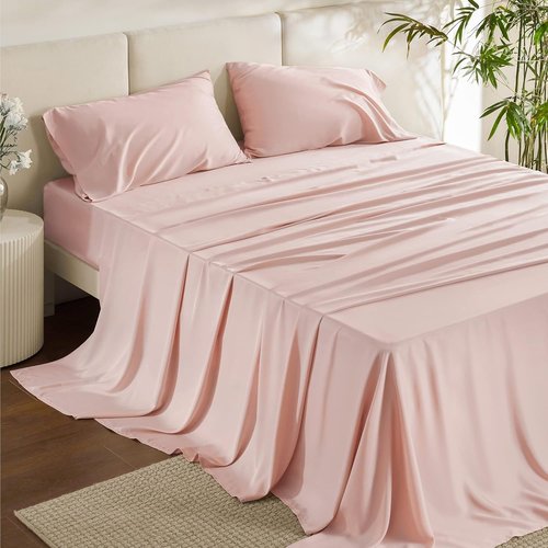 Bedsure Cooling Bed Sheets - Rayon from Bamboo, Breathable & Soft, Deep Pocket Up to 16 Inches, Pink