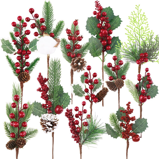 Pinecones Red Berry Picks - 12 Pcs Christmas Floral Stems for Wreaths, Garlands & Tree Decor