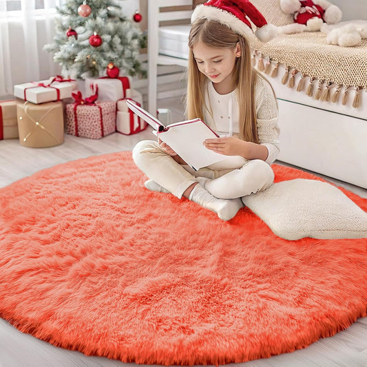 OLANLY Round Coral Red Area Rug - Soft, Fluffy, Machine Washable 4 ft Circle Carpet for Bedroom & Living Room Decor