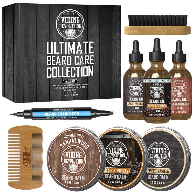 Viking Revolution Ultimate Beard Care Collection - Gifts for Men Includes Oil, Balm, Brush, Comb and Pen - Beard Kit for Men with Sandalwood, Spiced Vanilla, Coffee Whiskey, Sweet Tobacco