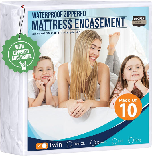 Utopia Bedding Mattress Protector - 100% Waterproof Zippered Twin Size Encasement | Pack of 10