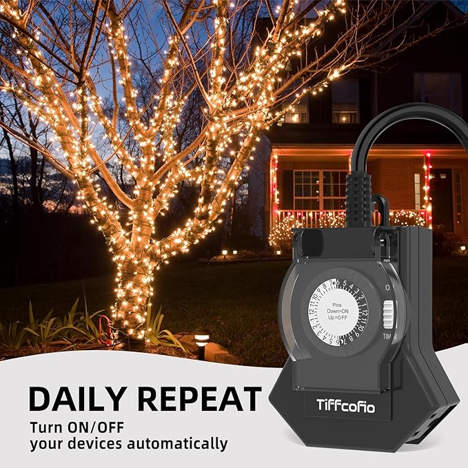 TiFFCOFiO Outdoor Timer Outlet Waterproof, 24 Hour Mechanical Light Timer Outdoor, 3 Grounded Outlets for Home and Garden, 15A 1/2HP, Heavy Duty, ETL Listed (1 Pack)