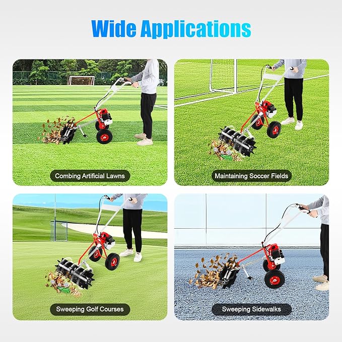 43CC 2-Stroke Gas Push Lawn Sweeper Broom, 1.7 HP Walk Behind Hand Snow Sweeper Handheld Broom Portable Driveway Turf Grass Cleaning Tool for Garden Yard Sidewalk