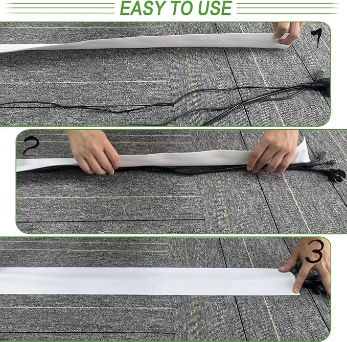 Floor Cable Covers - Oxford Fabric Cord Protector with Adhesive Hook & Loop,Waterproof Wire Storage Sleeve for Any Floor Surface,Durable Cable Management to Prevent Tripping Hazards (White, 10ft)