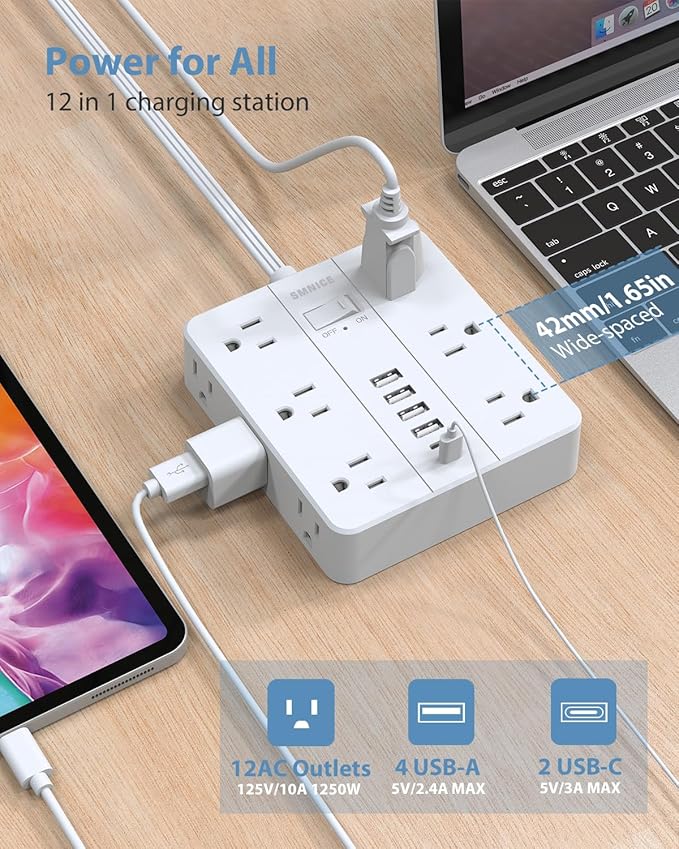 Power Strip 15 Ft Extension Cord, 12 Widely Spaced Outlets 6 USB (2 USB C) Ports, Ultra Thin Flat Plug Power Strip for Home, Office, Dorm Room Essentials