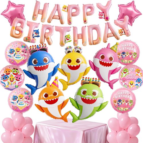 Baby Shark | PartyWoo 37-Piece Foil Balloon Set - Pink Round & Star Mylar Birthday Decorations