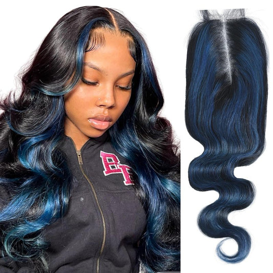 ALHER Black Mix Blue Highlight Body Wave Long Deep Part 2x6 Lace Closure, #1B/Blue Colored 2x6 Kim K Lace Closure Pre Plucked with Baby Hair, 12A 100% Brazilian Virgin Remy Human Hair 14 Inch