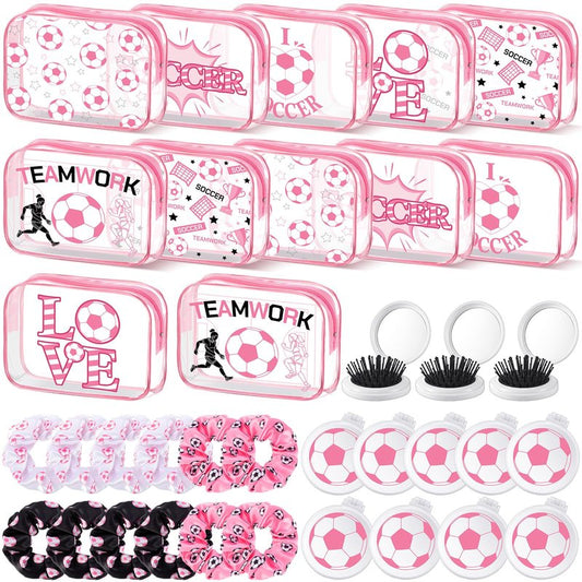 Sunnymove 36 Pcs Pink Soccer Gifts for Women 12 Pink Soccer Makeup Bag Bulk Cosmetic Bag Sport Team Gifts with 12 Sport Hair Scrunchies 12 Round Portable Folding Brush Mirror for Coach Team Party