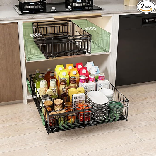 NETEL 2 Pack Expandable Pull Out Cabinet Organizer, Raised 6.69" guardrail, Adjustable Width 12.99"-20.07", 20.86" Depth Pull Out Cabinet Organizer, Adhesive Pull Out Drawers for Cabinets, Black