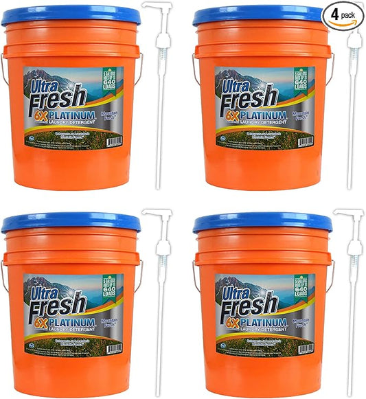 Ultra Fresh 6X Platinum 5 Gallon Laundry Detergent Liquid for All Machine Types with Easy Dispensing Pump, Up to 640 Loads, Original Blue (4 Pack)