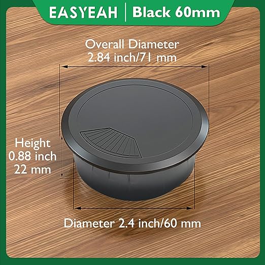 EASYEAH 5 Pcs Desk Grommet 2-3/8" / 60 mm, Desk Cord Hole Cover, Cable Grommet ABS Plastic, Desk Hole Grommet for Home & Office Pc, Detachable Adjustable Cable Cord Organizer-Black