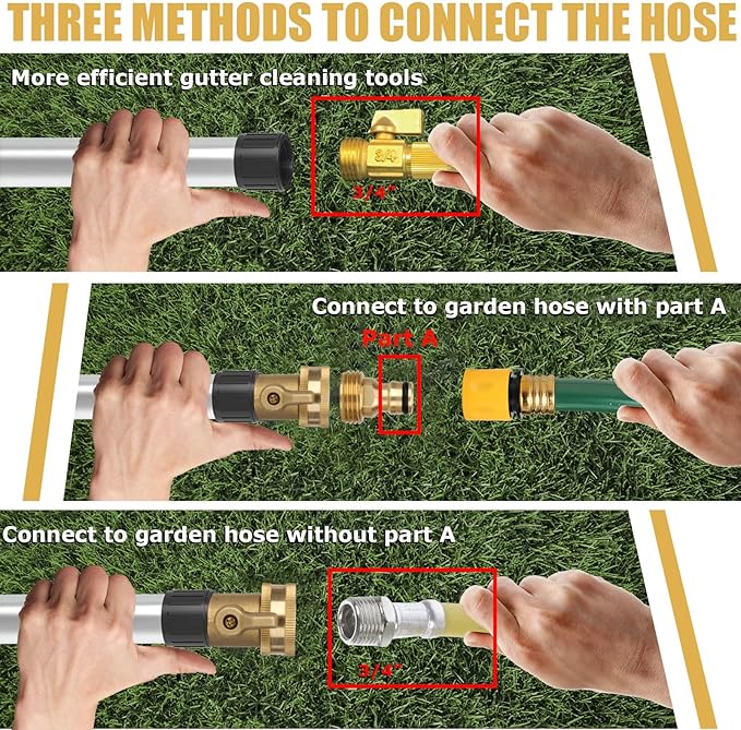 Gutter Cleaning Tools from Ground, 12FT Telescoping Pole (20FT Reach) - Heavy-Duty Zinc Alloy Head, 360Â° Spray Nozzle & Leak-Proof Kit, No Ladder Needed for Roof Gutters