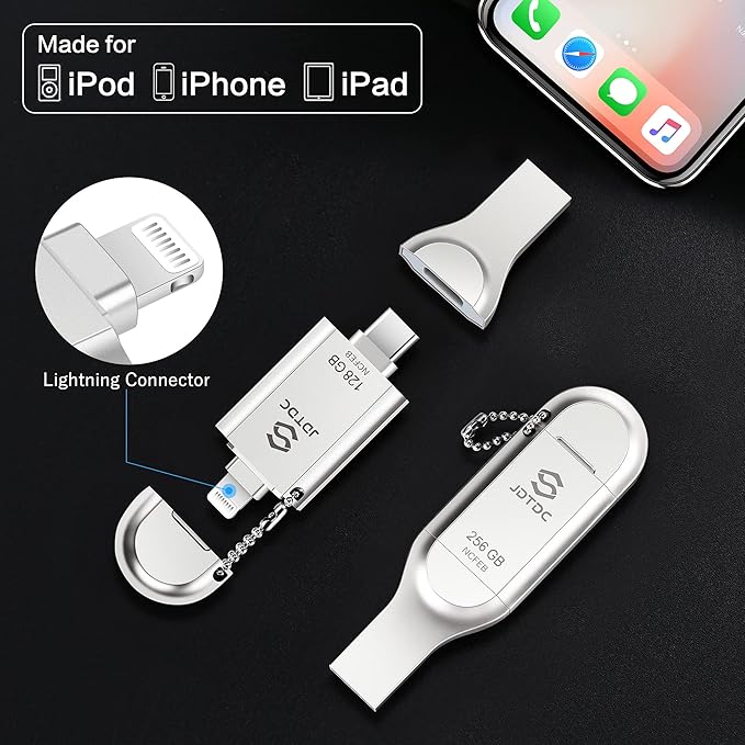 Genuine Apple MFi Certified 3 in 1 iPhone Flash Drive 128GB - Real Capacity Storage - Secure Encrypted Auto Backup Photo Stick for iPhone/iPad/Android/PC External Storage Easily Store & Transfer Files