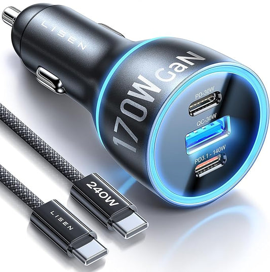 LISEN 200W Car Charger USB C Fast Charge [GaN] PD 140W Fast Car Charger USB C, Cigarette Lighter Adapter for Multi Device, for iPhone 17 16 15 14 13 12, MacBook Pro, Laptop, iPad, Samsung S26 S25