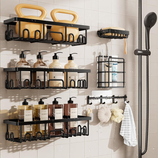 Veken Shower Caddy - Advanced Rustproof Design | No-Drill Adhesive Shelves & Soap Holder - Large Capacity, Black