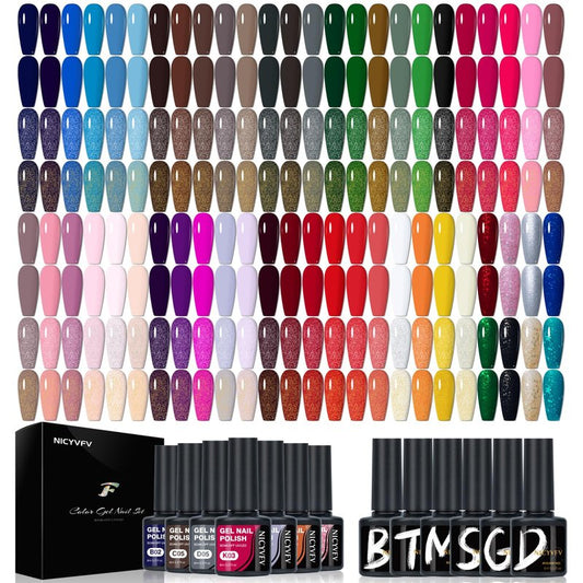 NICYVFV 60 PCS Gel Nail Set, 54 Colors Gel Polish Set Classic Shades, with Gold Silver Glitter and Glossy Matte Top Coat, Base Coat Builder gel, for Women Gift Kit