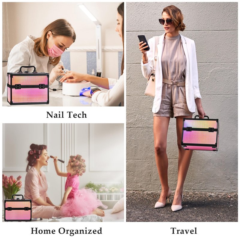 GALHUBIS Makeup Case Organizer,Makeup Train Case, Trays Cosmetic Box Portable, Profesional for Salon Barber,Black Bright Pink