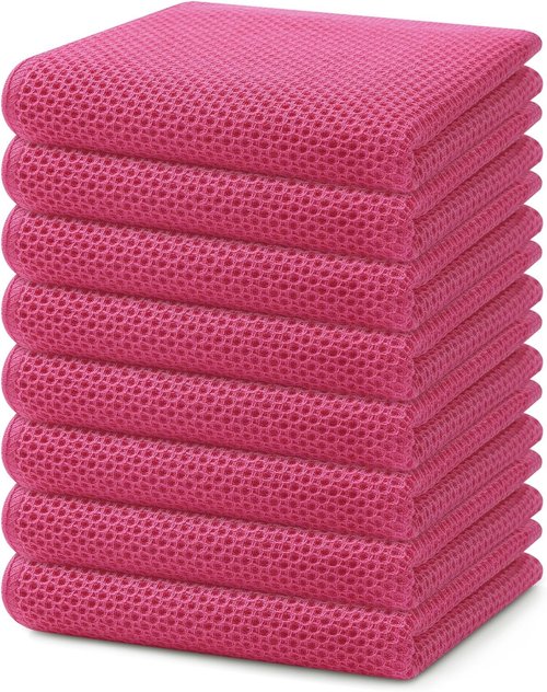 Homaxy Kitchen Dish Towels - Ultra Soft 100% Cotton Waffle Weave, Quick Drying, 13 x 28 Inches, 8-Pack, Hot Pink