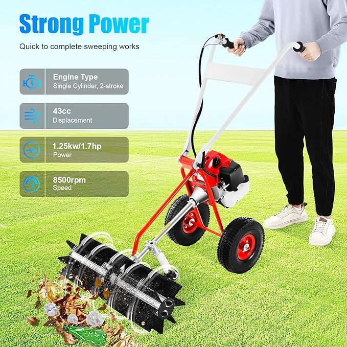 43CC 2-Stroke Gas Push Lawn Sweeper Broom, 1.7 HP Walk Behind Hand Snow Sweeper Handheld Broom Portable Driveway Turf Grass Cleaning Tool for Garden Yard Sidewalk