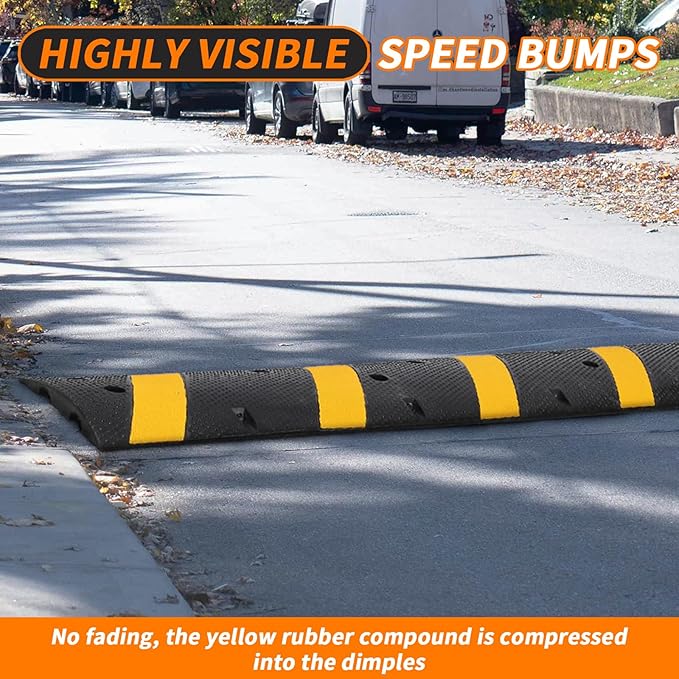 7 Ft Heavy Duty Speed Bump for Road, 84" Rubber Speed Bumps for Driveway, 1 Pack 2 Channel Modular Traffic Speed Bump Hump Cable Protector Ramps for Asphalt Concrete Gravel with 2 End Caps, 6 Spikes