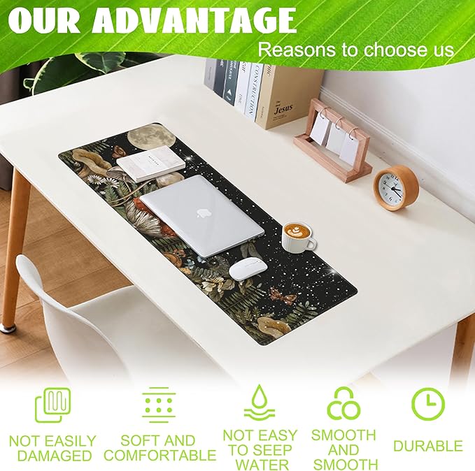 Eflxamz Large Gaming Mouse Pad for Desk,Cute Forest Mushroom Desk Mat,Starry Night Mushroom Desk Pad,Extended Big Computer Keyboard Mouse Pad with Non-Slip Base and Stitched Edge,31.5"x11.8"