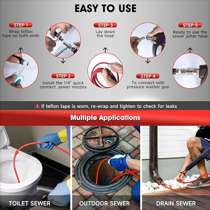 Sewer Jetter Kit for Pressure Washer â 150ft Water Jet Drain Cleaning Hose 5800PSI 1/4 Inch NPT Corner with Sewer Cleaning Tool High Pressure Nozzles and Spanner Waterproof Tape