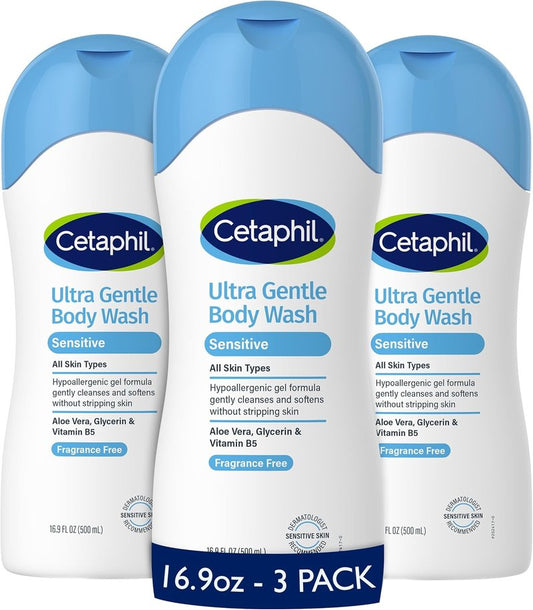 Cetaphil Ultra Gentle Body Wash - Hypoallergenic Aloe Vera & Vitamin B5 | 16.9oz (Pack of 3) for Sensitive Skin
