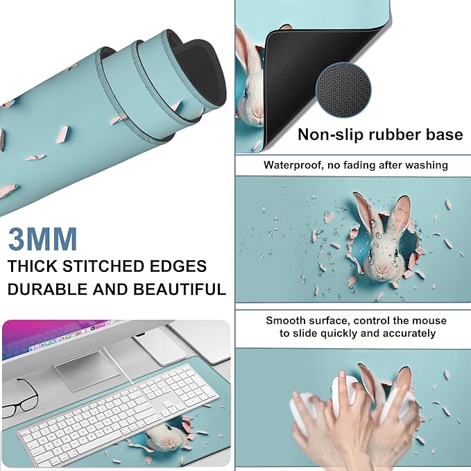NITAHHHY Gaming Desk Pad Large Extra Length Bunny Peeking Out of A Hole Mouse Pad Keyboard Laptop Non-Slip Waterproof with Rubber Base Thick Stitched Edge Mouse Mat for Office Home 35.4 x 15.7 Inches