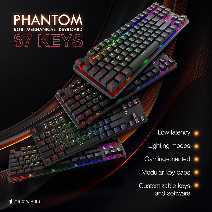 TECWARE Phantom 87 Key RGB Mechanical Gaming Keyboard | Outemu Brown Switch | 16.8M Color LED Lighting | 18 Pre-Set | Low Latency | N-Key Rollover | Software Customizable Keys | Wired USB Connection