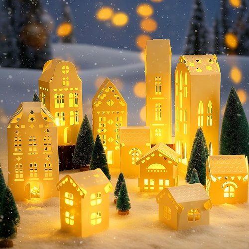 Chunful 20 Pack Christmas Village Houses Set - White Winter Decor with Lights & Trees for Holiday Scenes