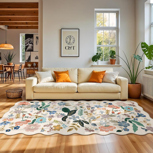 Skiennix Washable 4x8 Wide Runner Rug - Non-Slip Scalloped Floral Design | Soft, Stain-Resistant Cream Carpet for Hallway, Kitchen, and Bathroom