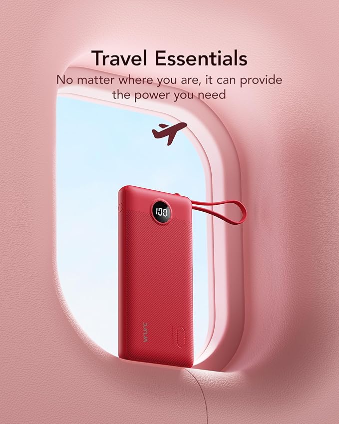 VRURC Portable Charger, Built in 4 Cables & Lanyard Power Bank 10000mAh, Compact USB C Charging Bank 5 Outputs for Multi Devices,Travel Essential for Hiking Camping Business Cruise Ship-Red(1 Pack)