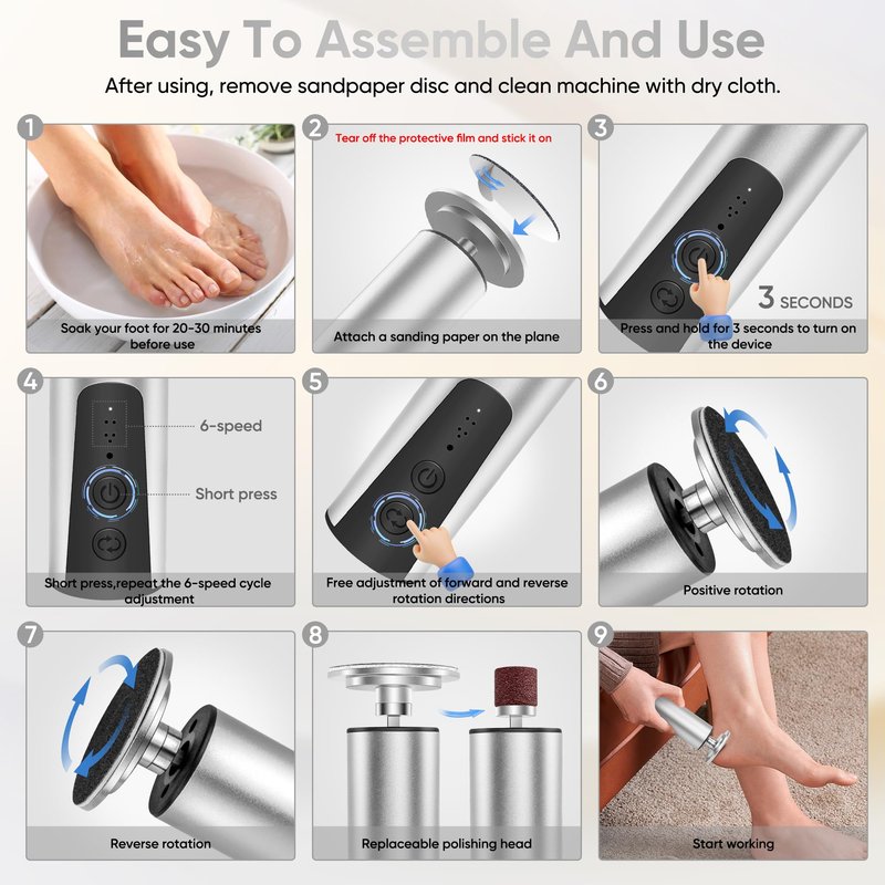 Electric Foot Callus Remover (6 Speed Adjustable), 2 in 1 Electric Foot File Nail Grinder, Rechargeable Foot Sander Pedicure Tools for Feet Dead Skin with Sandpaper Disk and Nail Drill Bits, Silver