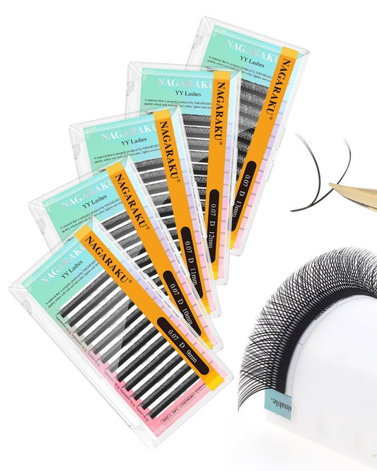 NAGARAKU 5 Trays yy Eyelash Extensions y lash 0.07mm D curl 9/10/11/12/13mm in 1 pack Premade 4D Easy Fan Russian Volume Cluster Faux Mink Matte Black 12 rows