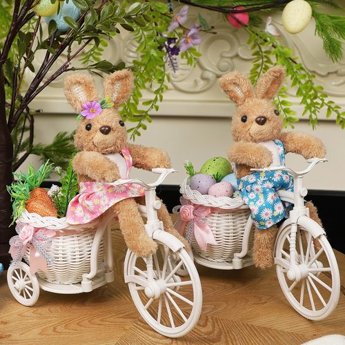 Juegoal Easter Tabletop Decorations - Set of 2 Bunny Couple Riding Bikes | 10" Cute Animal Figurines for Spring Home Decor