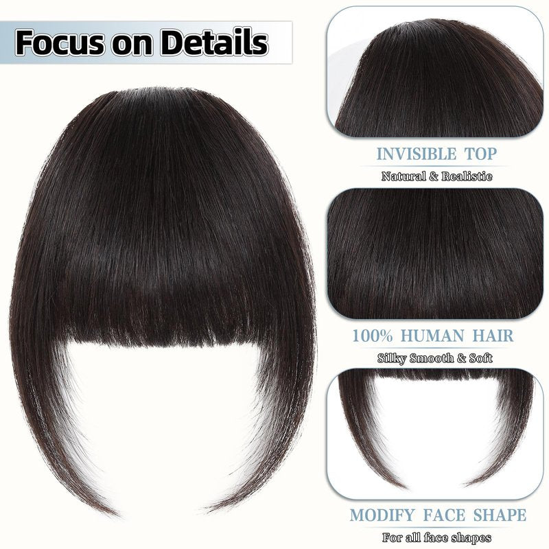 Niceone Hair Clip In Bangs for Women, Brown Black French Bangs Hair Clip with Temples, 100% Real Human Hair Layered Curved Fringe for Halloween and Daily Use(Brown Black, French Bangs)