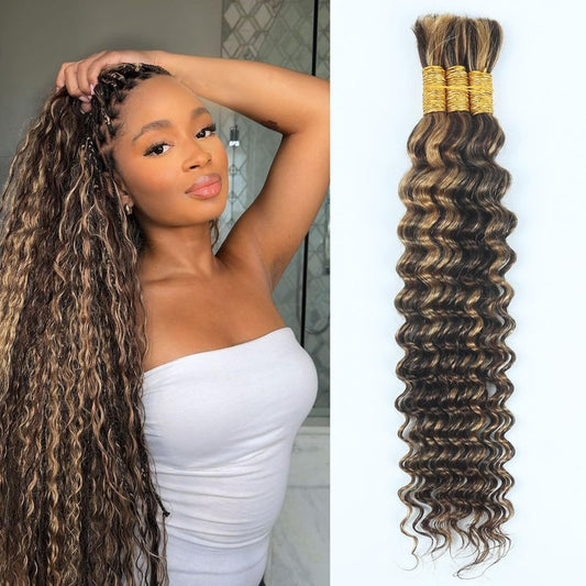 Human Braiding Hair for Boho Braids 110g 18 Inch Highlight Brown Curly Boho Hair for Braiding No Weft Bohemian 3 Bundles Knotless 12A Deep Wave Bulk Wet and Wavy Human Braids Extensions P4/30#
