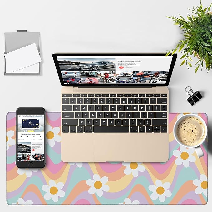 NITAHHHY Large Mouse Pad Floral and Wavy Gaming Desk Pad Computer Keyboard Non-Slip Waterproof Mouse Mat with Rubber Base and Stitched Edges Entertainment Office Writing Desk Mat 35.4 x 15.7 Inches