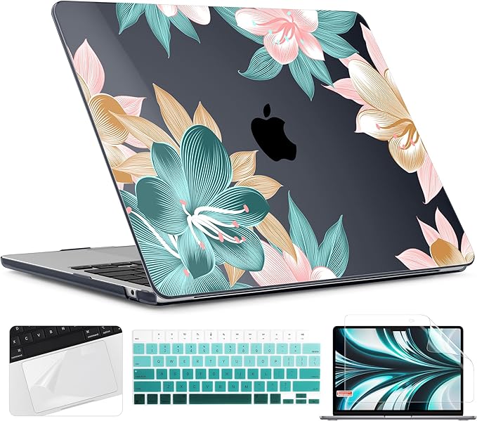 TWOLSKOO for M2 MacBook Air 13.6 Inch Case 2022 A2681 with Touch ID, Plastic Hard Shell Cover Screen Protector & Keyboard Trackpad Film 13 2022, Clivia Flowers (A2681 M2)