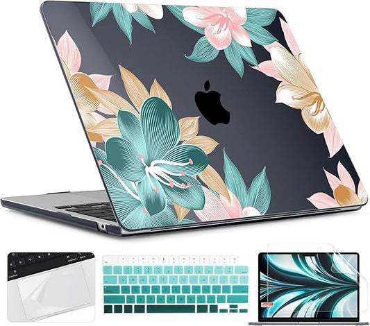 TWOLSKOO for M2 MacBook Air 13.6 Inch Case 2022 A2681 with Touch ID, Plastic Hard Shell Cover Screen Protector & Keyboard Trackpad Film 13 2022, Clivia Flowers (A2681 M2)